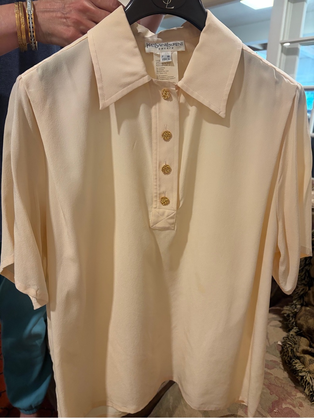 Yves Saint Laurent Cream Short Sleeve Polo with Gold Buttons